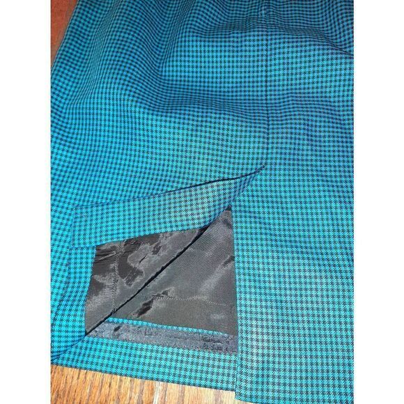 Sz 12 Liz Claiborne Collection Teal Black Check Wool Midi Skirt Lined Rear Slit - Picture 3 of 4